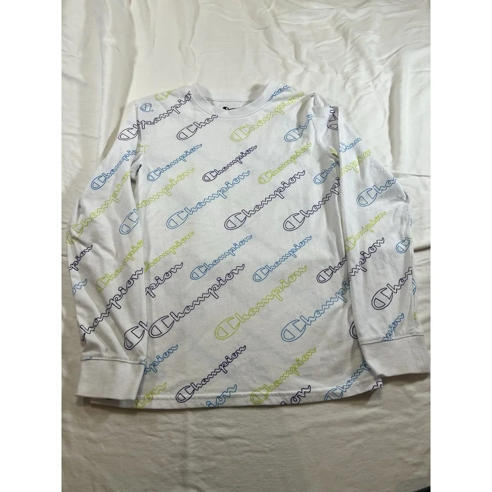 Champion Shirt Boys L White Graphic Spellout Logo AOP Long‎ Sleeve Youth Kids